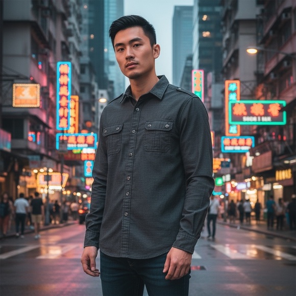 Rock & Republic Men’s Casual Button Down Shirt Medium Black Print Pockets - Picture 1 of 6